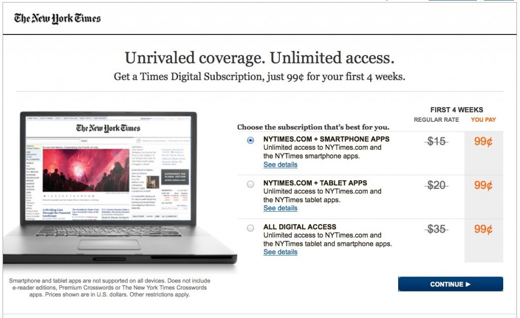NYTimes digital subscription first page